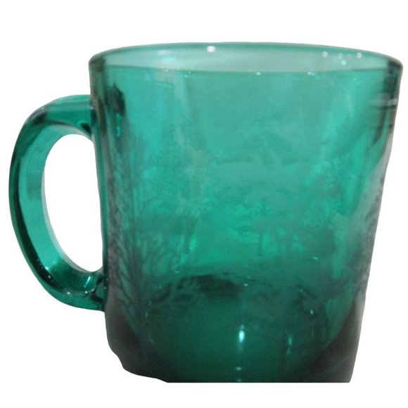 Vintage Emerald Green Glass Mug Etched Trees USA Made EUC - Picture 3 of 16